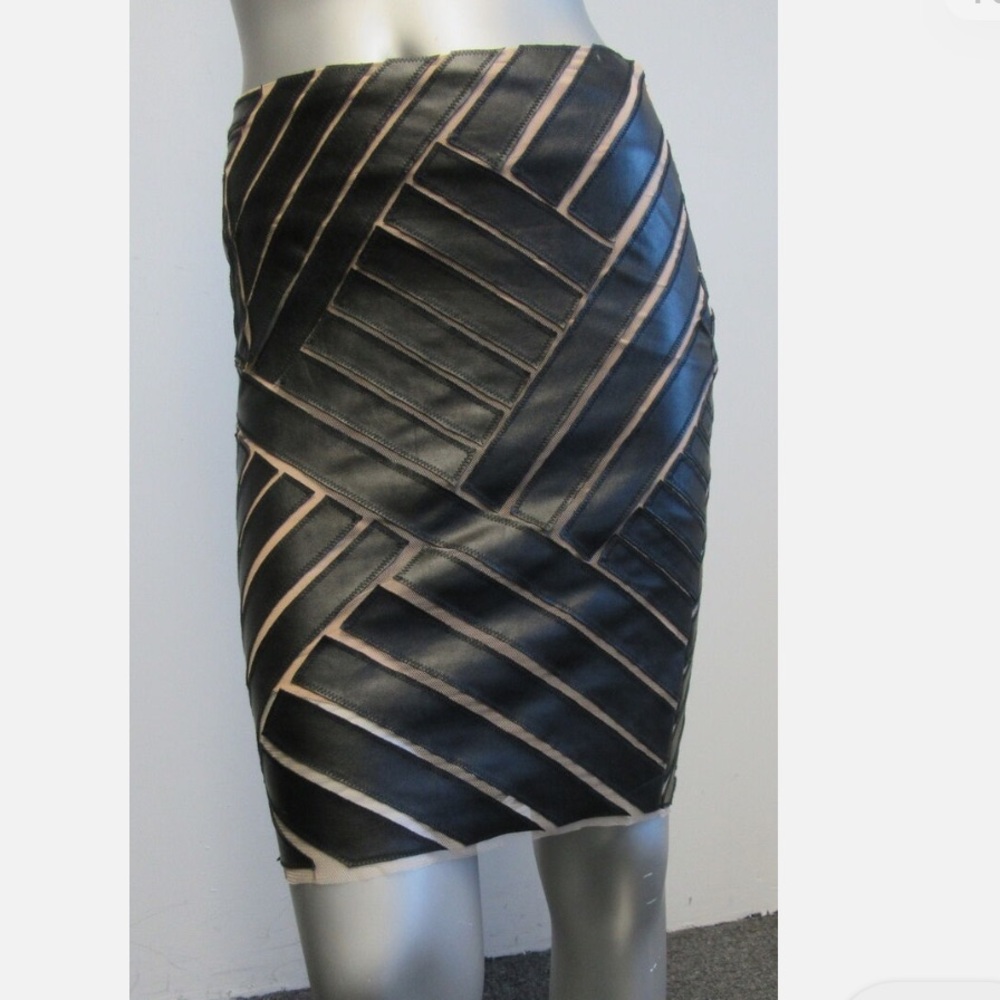 Catherine Malandrino black and nude faux leather and mesh pencil skirt size 4